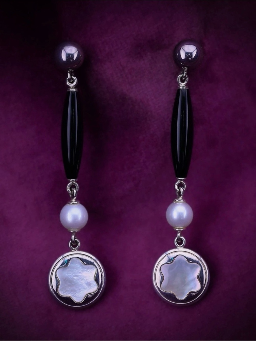 Montblanc 925 Sterling Silver Pearl & Black Onyx Dangle Drop Earrings